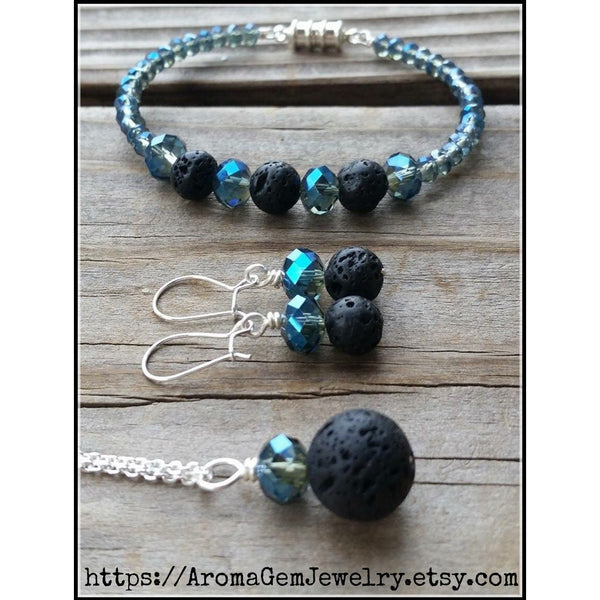 Essential oil diffuser necklace, bracelet/earring set - blue crystal - magnetic clasp