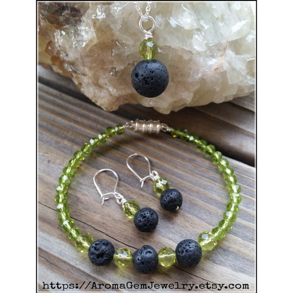 Essential oil diffuser necklace/bracelet/earring set - peridot green crystal - magnetic clasp
