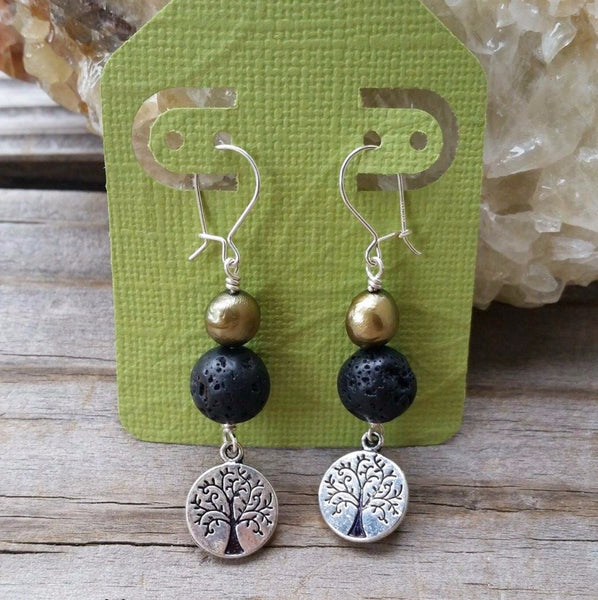Essential oil diffuser earrings - green cultured pearl - Tree of Life
