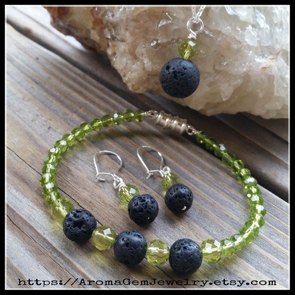 Essential oil diffuser necklace/bracelet/earring set - peridot green crystal - magnetic clasp