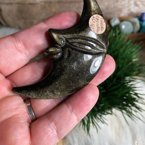 Golden Sheen Obsidian carved crescent moon (Protection, Manifestation, Personal Power, Prosperity)