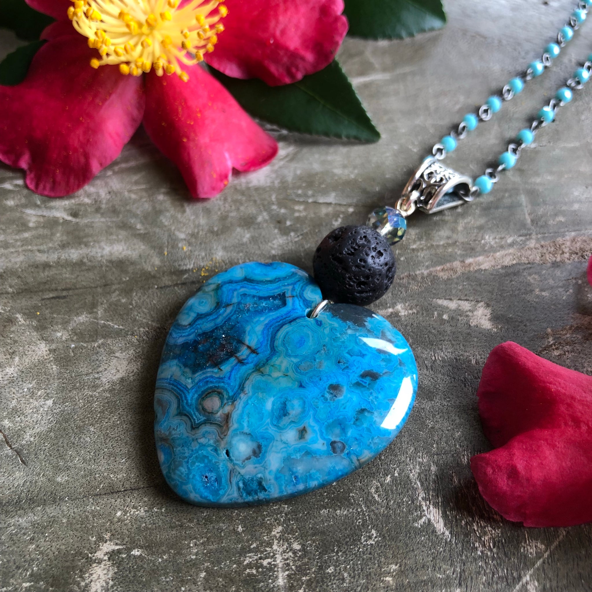 Essential oil diffuser necklace - turquoise crazy lace agate heart