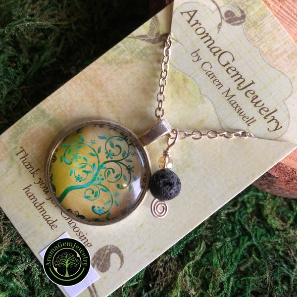Essential oil diffuser necklace- Tree of Life -silver finish