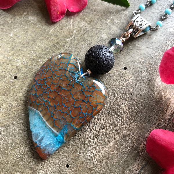 Essential oil diffuser necklace - brown/turquoise crazy lace agate asymmetrical heart