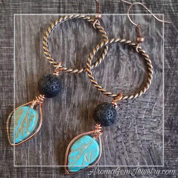Essential oil diffuser earrings- fall leaves - blue magnesite & copper