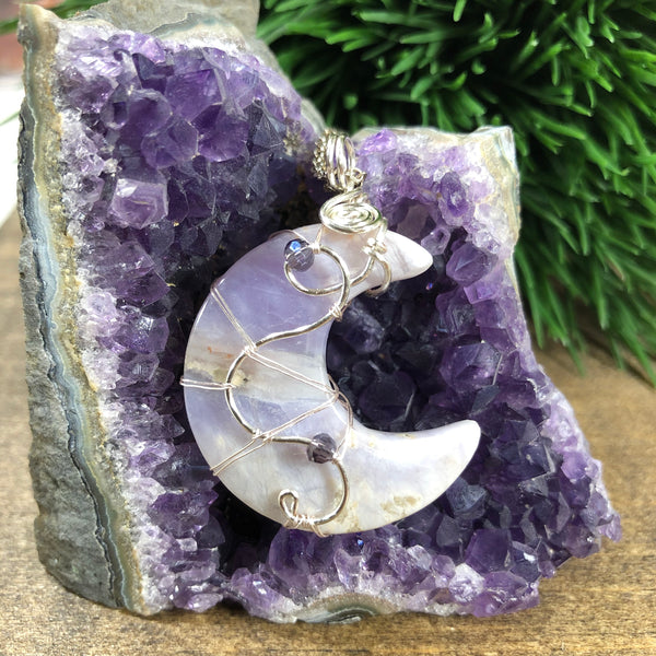 Wire wrapped Purple Chalcedony Crescent Moon Pendant