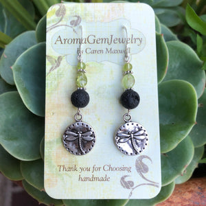 Essential oil diffuser earrings-Sterling Silver- peridot- dragonfly