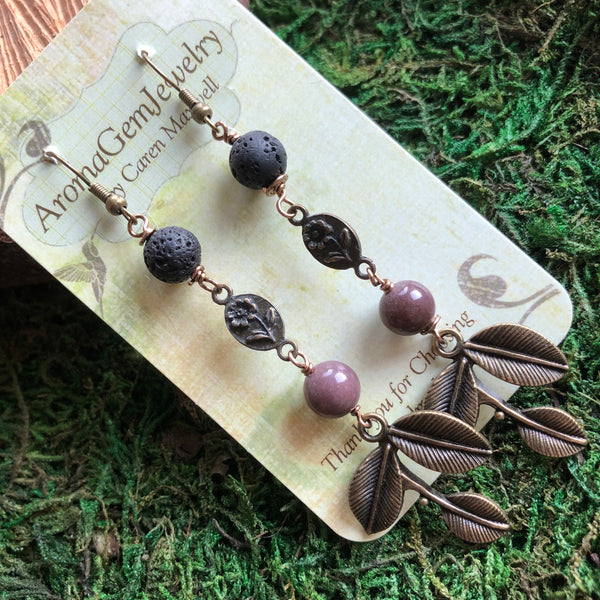 Essential oil diffuser earrings - antiqued bronze-leaf & fancy jasper