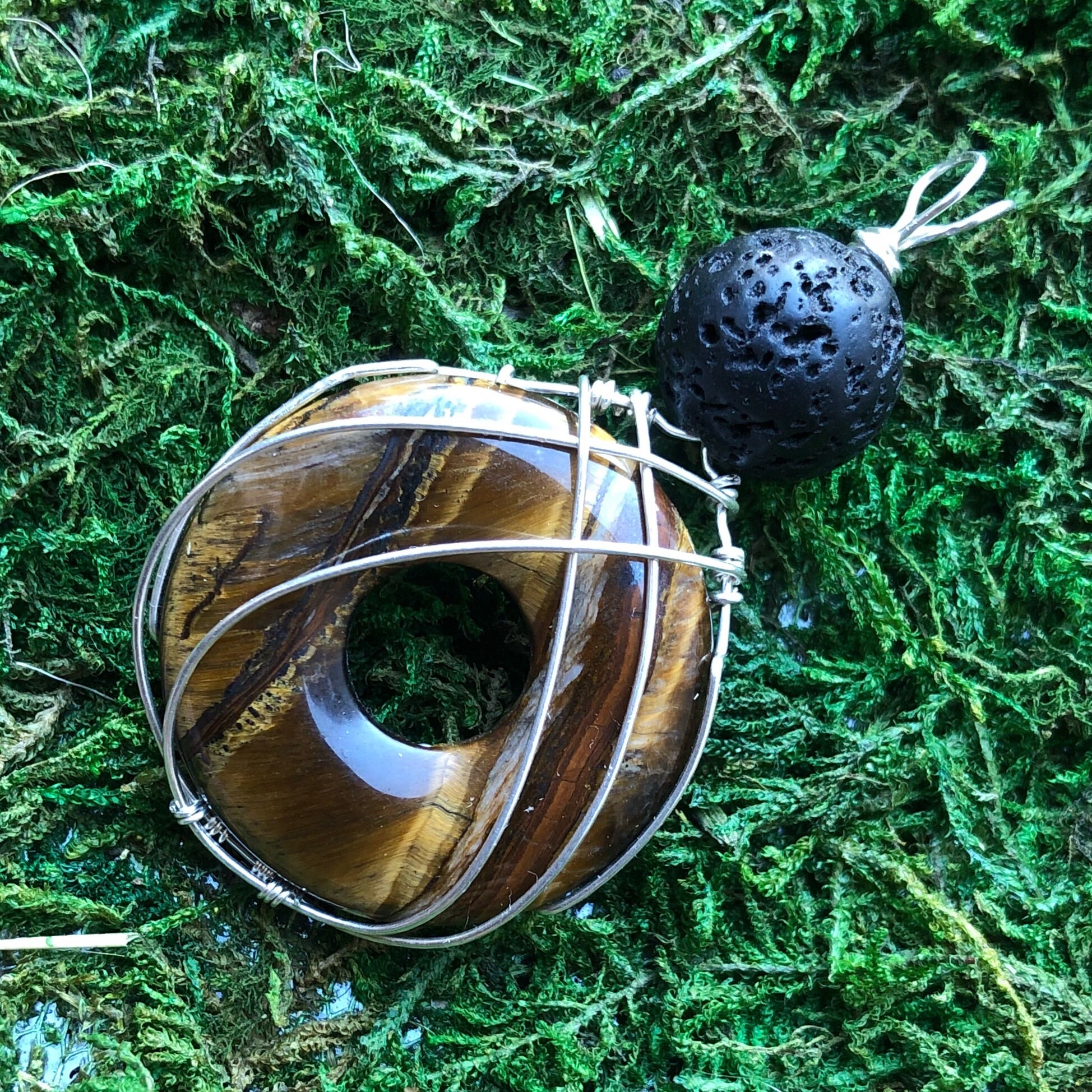 Essential oil diffuser necklace -  Wire Wrapped Tiger Eye Donut
