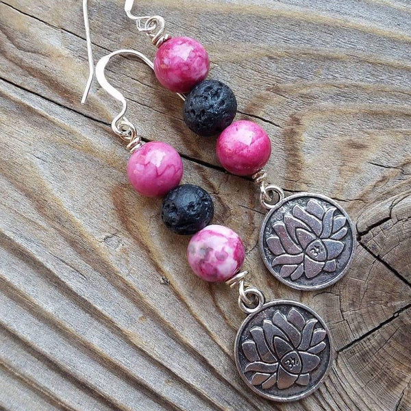 essential oil diffuser earrings -Lotus - rain drop jasper