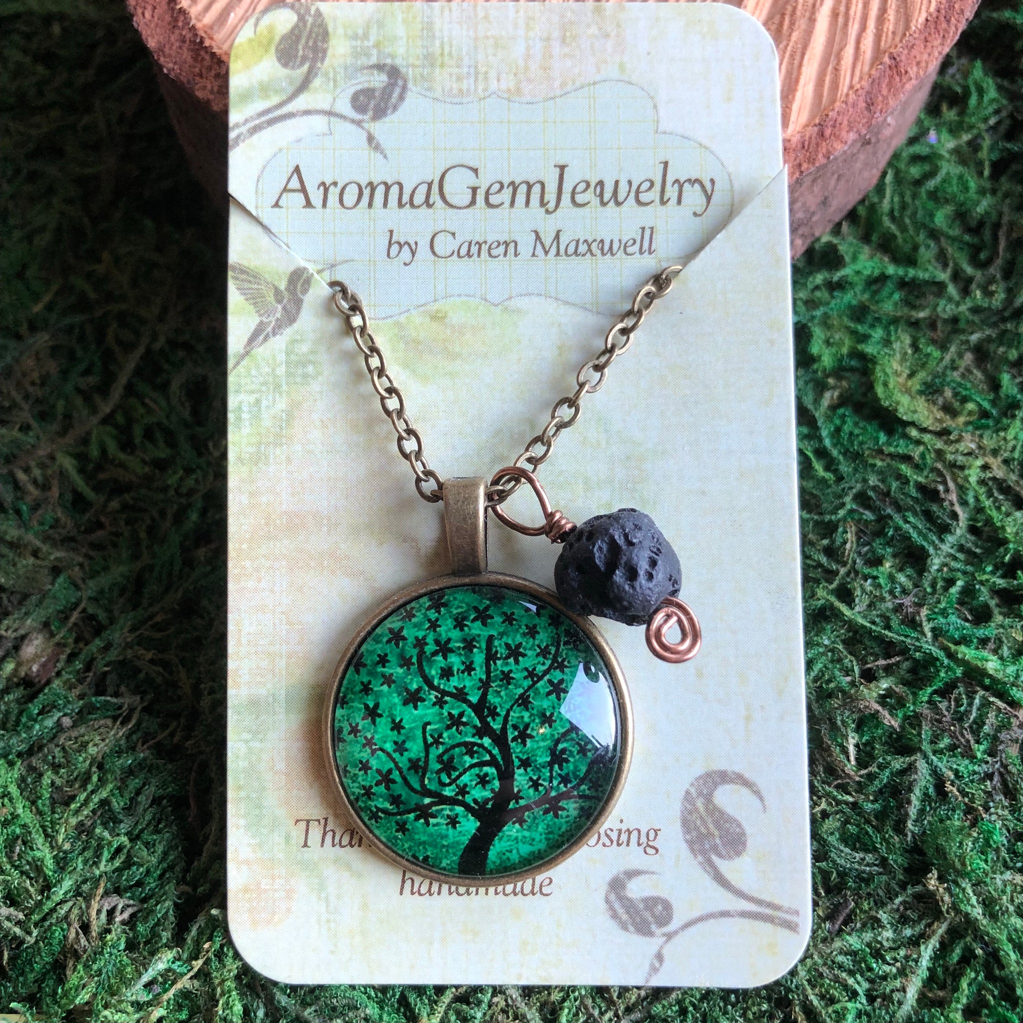 Essential oil diffuser necklace- green Tree of Life