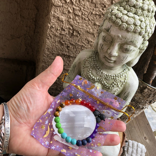 Chakra Essential oil diffuser bracelet set - with Selenite and Quartz crystal