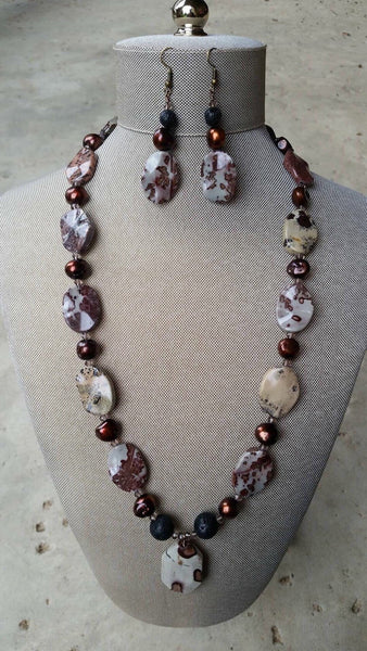 Essential oil diffuser necklace/earring set - Crazy Horse Jasper & cultured pearl