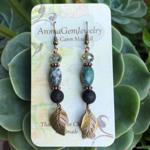Essential oil diffuser earrings-tree agate- bronze alloy- leaf