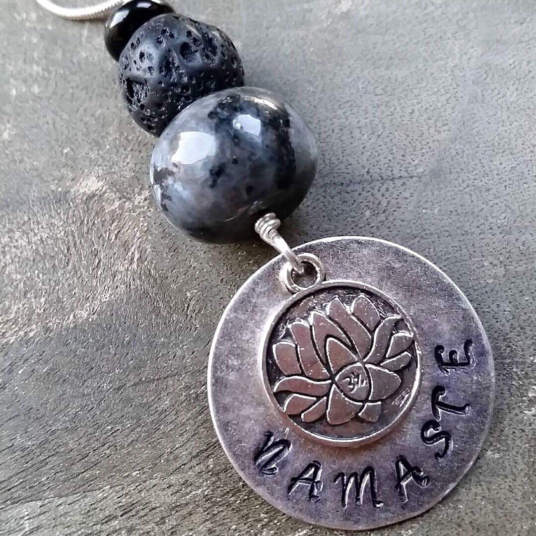 Essential oil diffuser necklace - hand stamped Round Namaste & Lotus