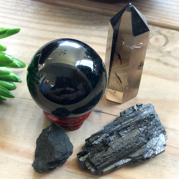 Protection Bundle (Obsidian sphere, Smokey Quartz tower, Black Tourmaline, Shungite)