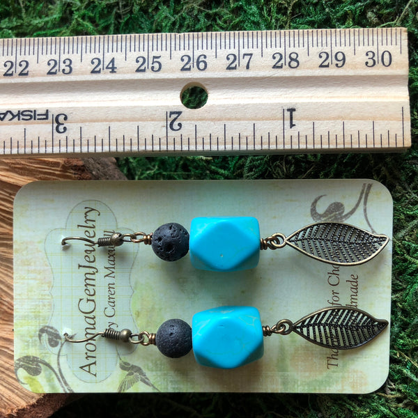 Essential oil diffuser earrings - antiqued bronze-leaf & turquoise magnesite