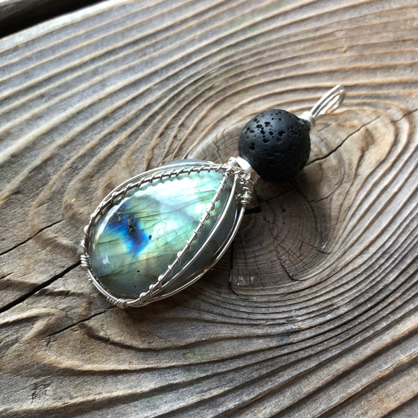 Essential oil diffuser pendant -sterling silver wire wrapped large Labradorite
