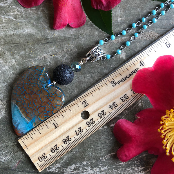 Essential oil diffuser necklace - brown/turquoise crazy lace agate asymmetrical heart