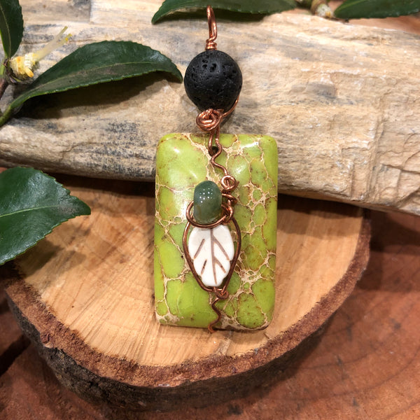 Essential oil diffuser necklace- nature-  leaf - green magnesite & copper