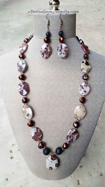 Essential oil diffuser necklace/earring set - Crazy Horse Jasper & cultured pearl
