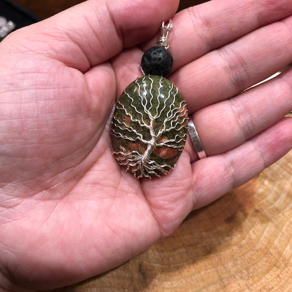 Essential oil diffuser necklace - handmade tree of life - Unakite