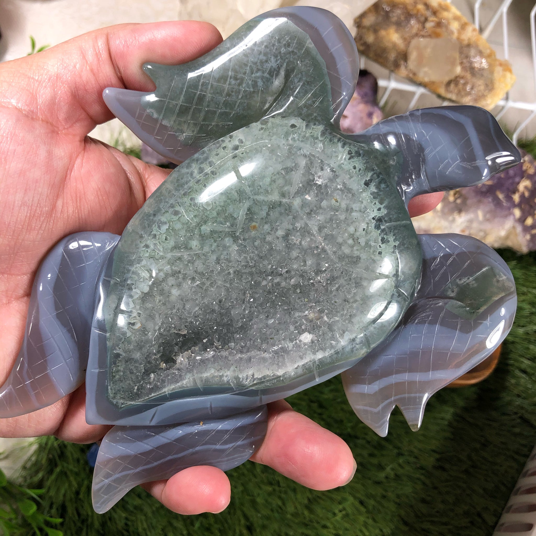 Huge Agate Sea Turtle with large druzy 6.5”