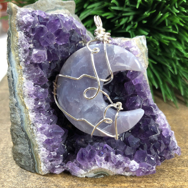Wire wrapped Purple Chalcedony Crescent Moon Pendant