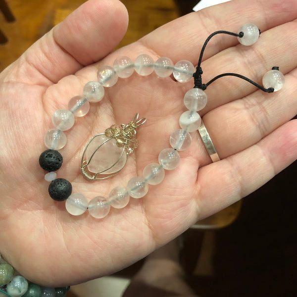 Rose Quartz aromatherapy bracelet and SS wire wrapped heart necklaceset