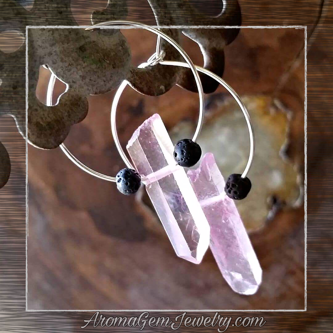 Essential oil diffuser earrings - pink quartz crystal (dyed) hoops