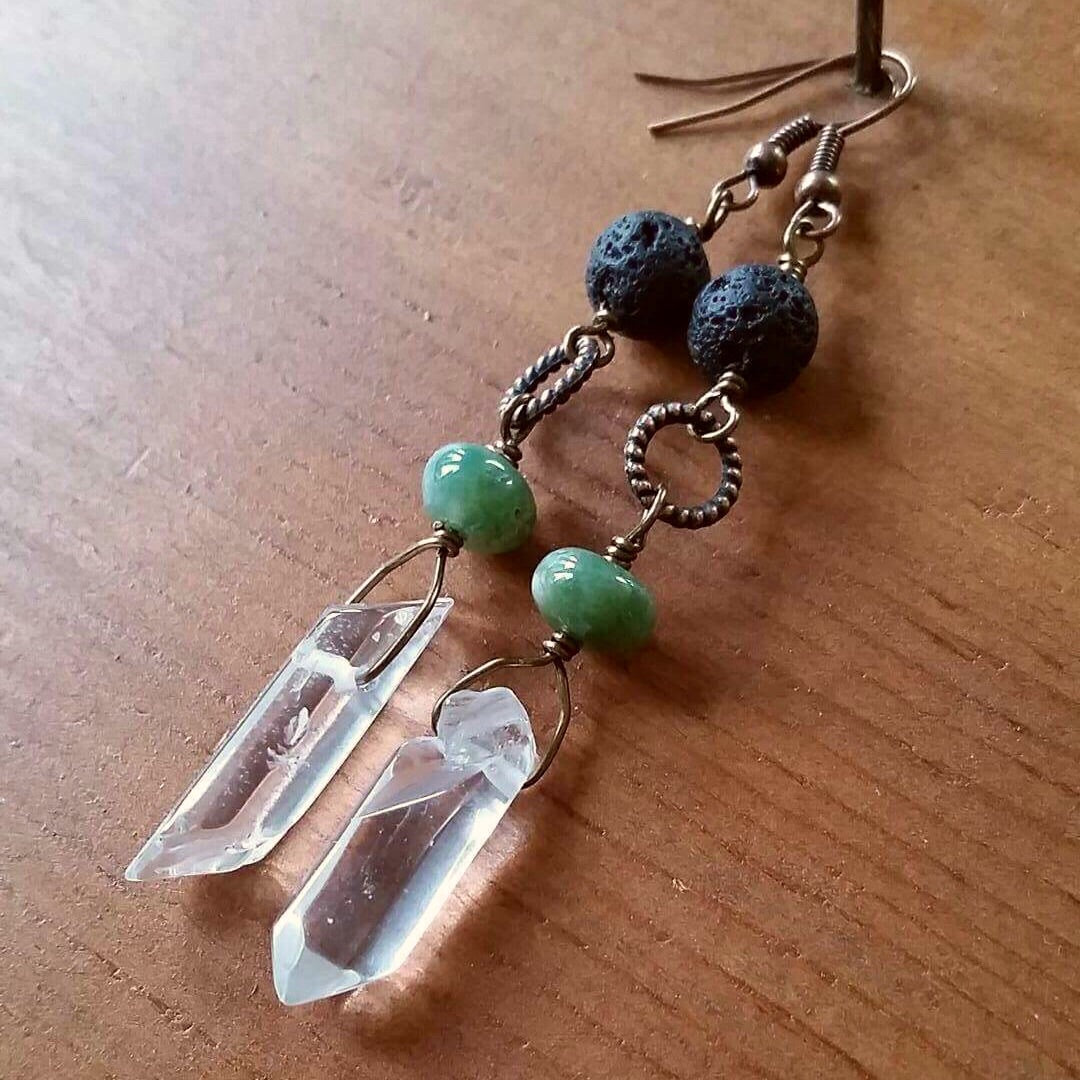 Essential oil diffuser earrings - Chrysoprase and quartz crystal