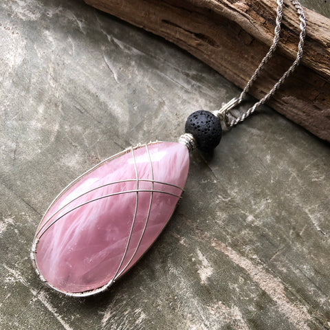 Essential Oil Diffuser Rose Quartz Wire Wrapped Necklace