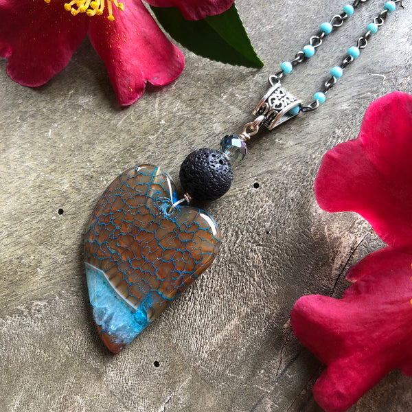 Essential oil diffuser necklace - brown/turquoise crazy lace agate asymmetrical heart