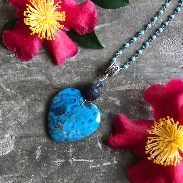 Essential oil diffuser necklace - turquoise crazy lace agate heart