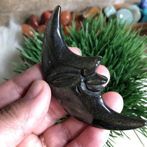 Golden Sheen Obsidian carved crescent moon (Protection, Manifestation, Personal Power, Prosperity)