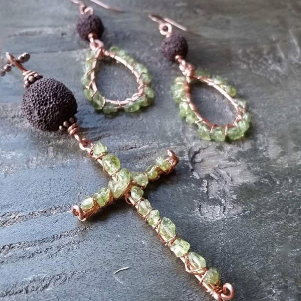 Essential oil diffuser necklace and earring set -peridot & copper cross