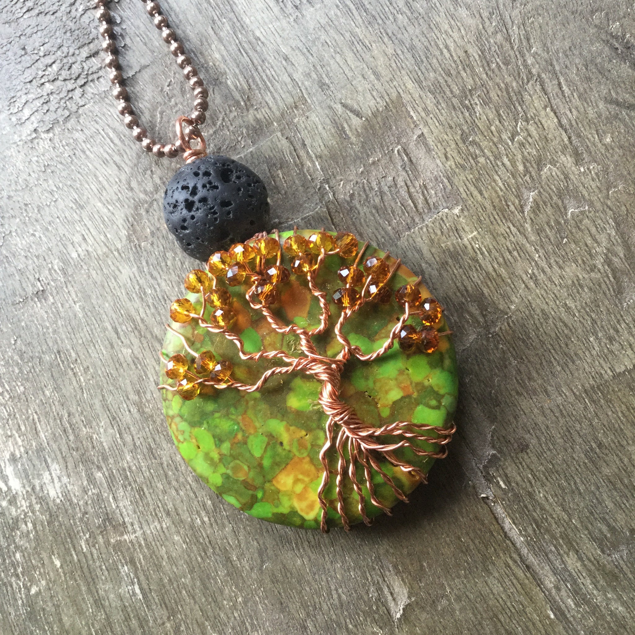 Essential oil diffuser necklace - Green magnesite Tree of Life