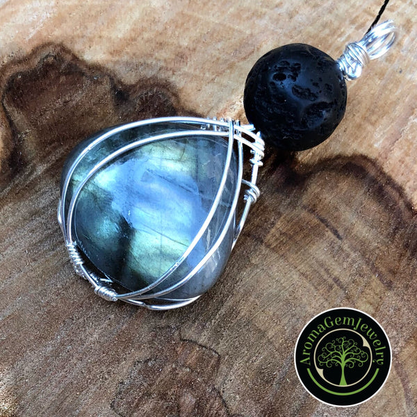Essential oil diffuser pendant -sterling silver wire wrapped large Labradorite