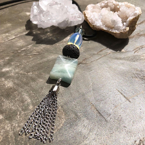 Essential oil diffuser necklace - flourite, opalite, tassel