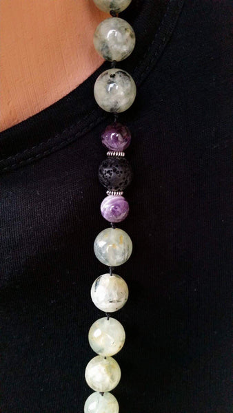 Essential oil diffuser necklace -Prehnite and Amethyst mala