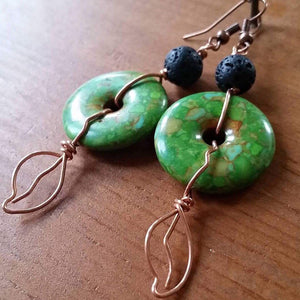 Essential oil diffuser earrings - copper leaf green stone