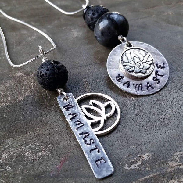 Essential oil diffuser necklace - hand stamped Round Namaste & Lotus