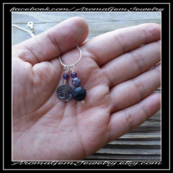 Essential oil diffuser necklace - minimalist - amethyst - hand stamped Hope charm