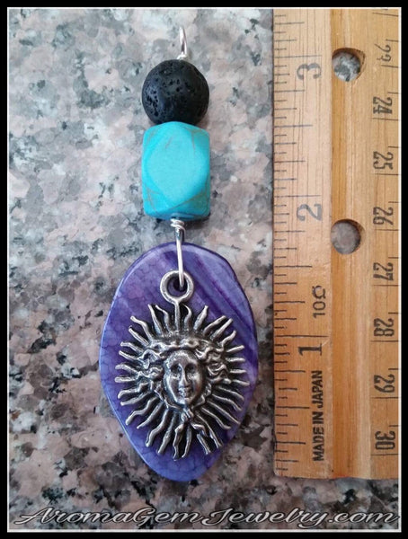 Essential oil diffuser necklace - purple agate - turquoise magnesite sun pendant