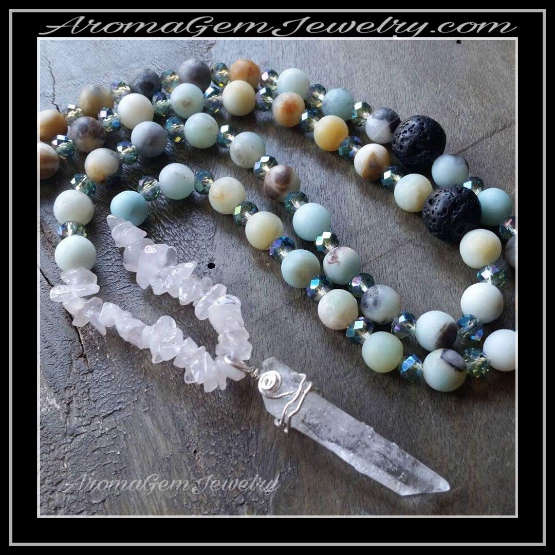 Essential oil diffuser necklace -a matte amazonite, quartz crystal, glass, lava