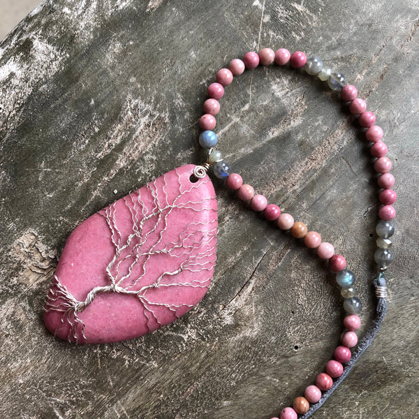 Rhodochrosite Tree of Life Aromatherapy necklace