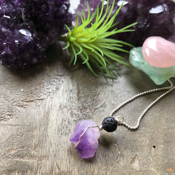Essential oil diffuser necklace - raw amethyst cluster