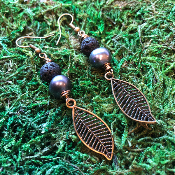 Essential oil diffuser earrings - antiqued bronze-leaf